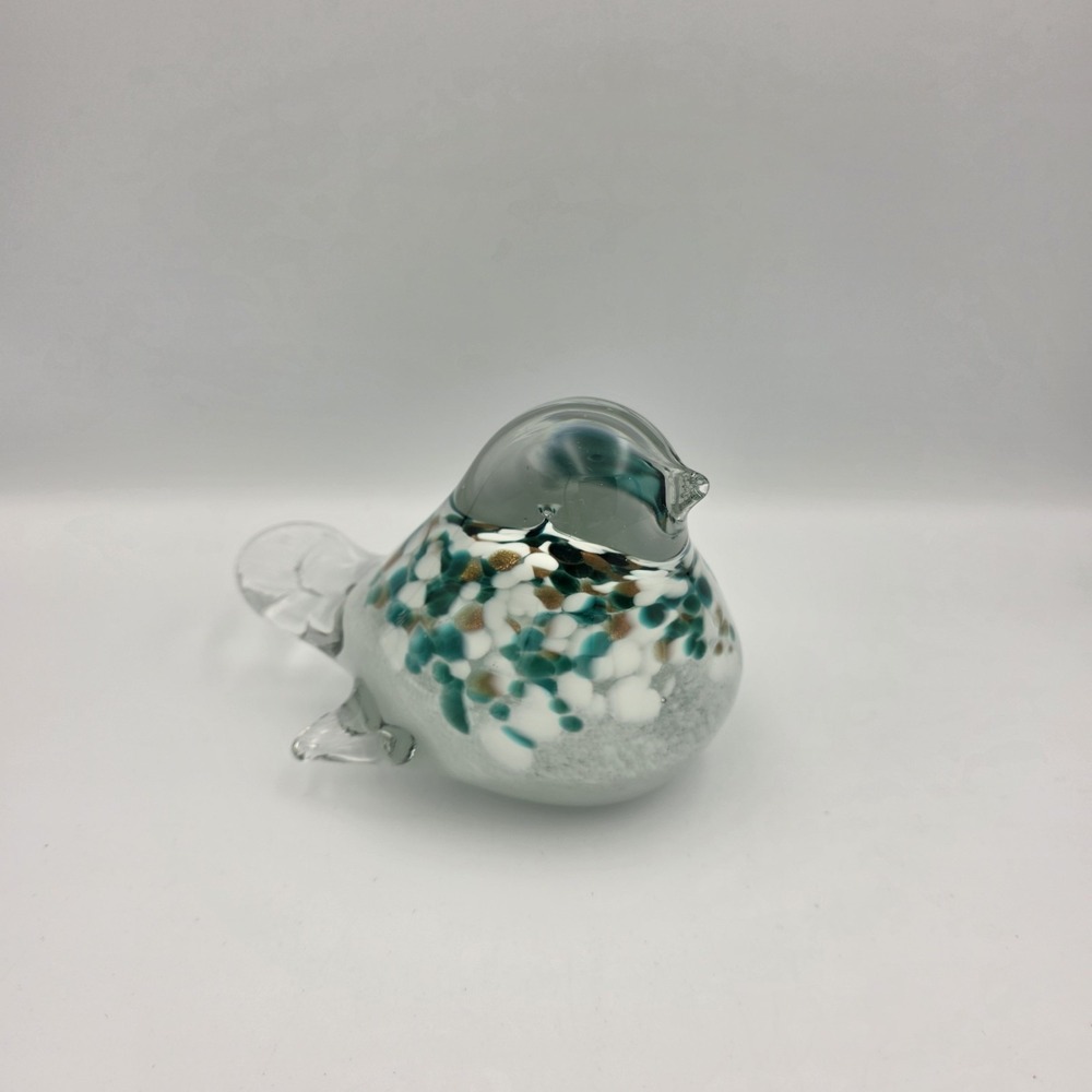 Hand‎ Blown Art Glass Fat Bird Figurine Paperweight Teal Green White Copper